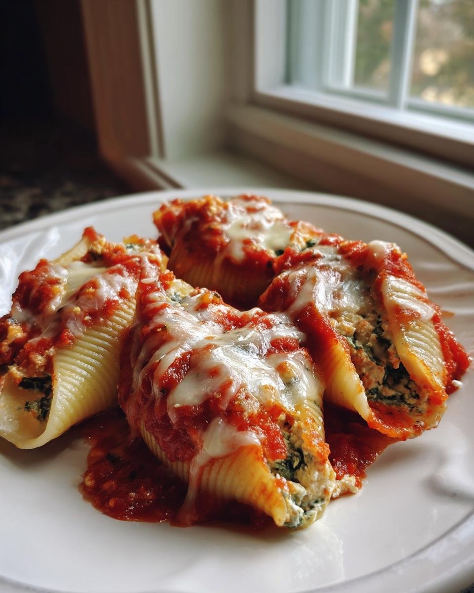 Four baked jumbo pasta shells filled with a creamy turkey and spinach mixture, topped with marinara sauce and melted mozzarella cheese.