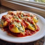 A plate of baked Turkey And Spinach Stuffed Shells topped with melted cheese and marinara sauce.