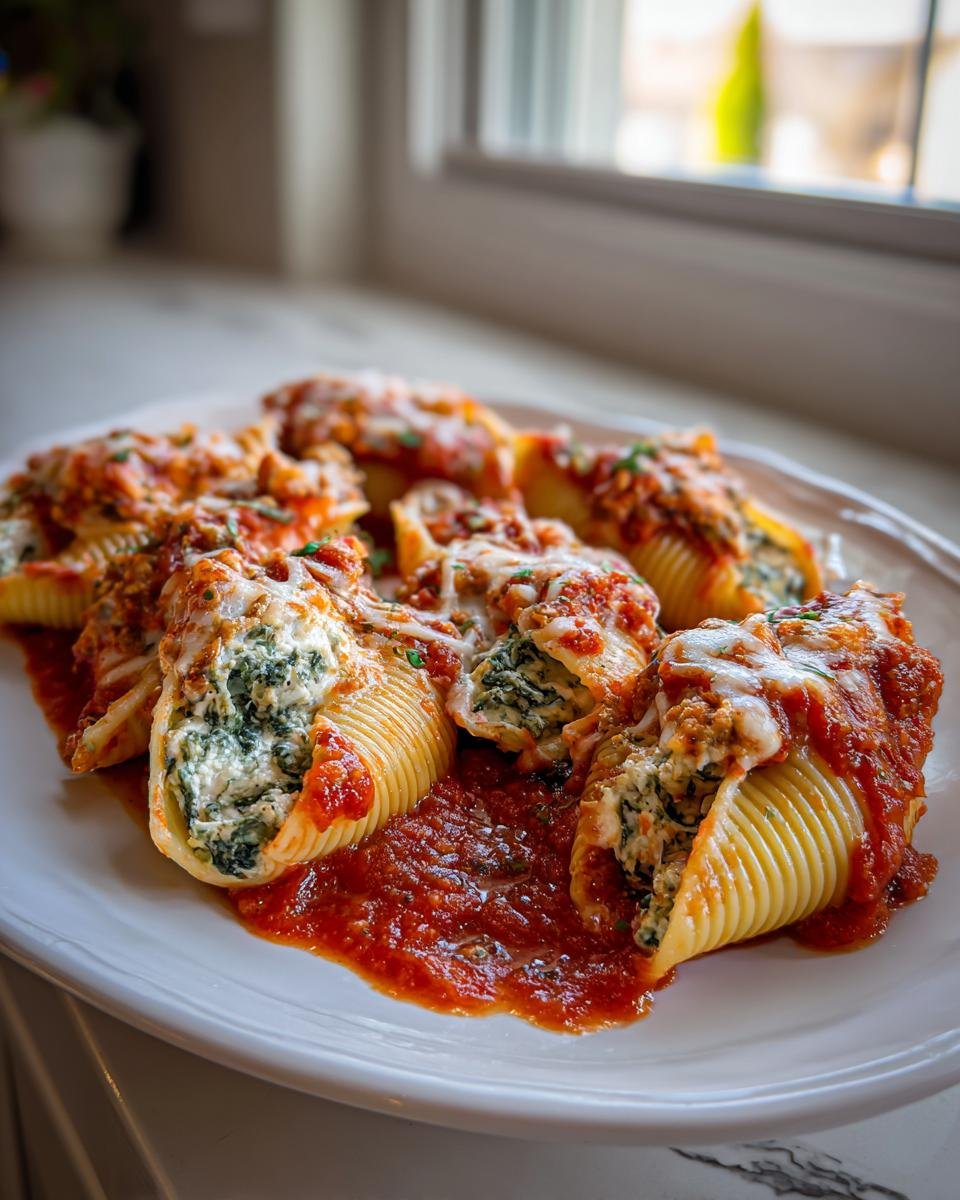 Close-up of baked Turkey And Spinach Stuffed Shells covered in marinara sauce and melted cheese.