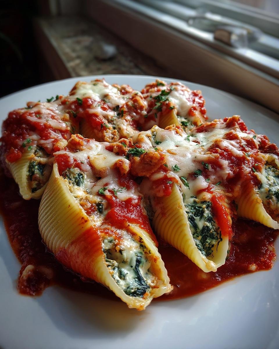 Close-up of baked Turkey And Spinach Stuffed Shells covered in marinara sauce and melted mozzarella cheese.
