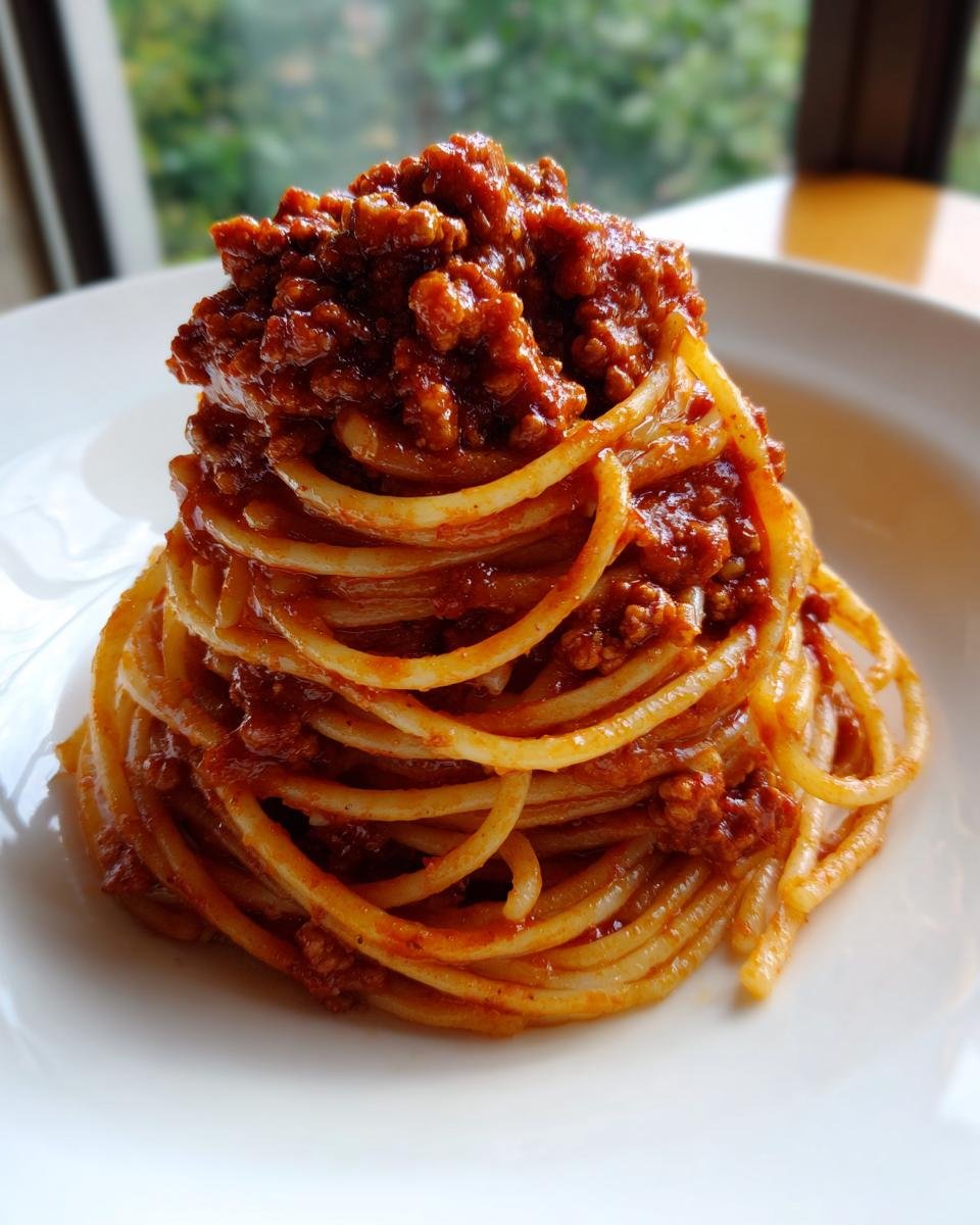 A tall swirl of spaghetti topped generously with rich Turkey Bolognese Spaghetti sauce on a white plate.
