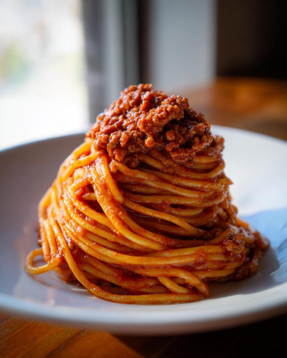 A tall, neat swirl of spaghetti topped with rich Turkey Bolognese Spaghetti sauce on a white plate.