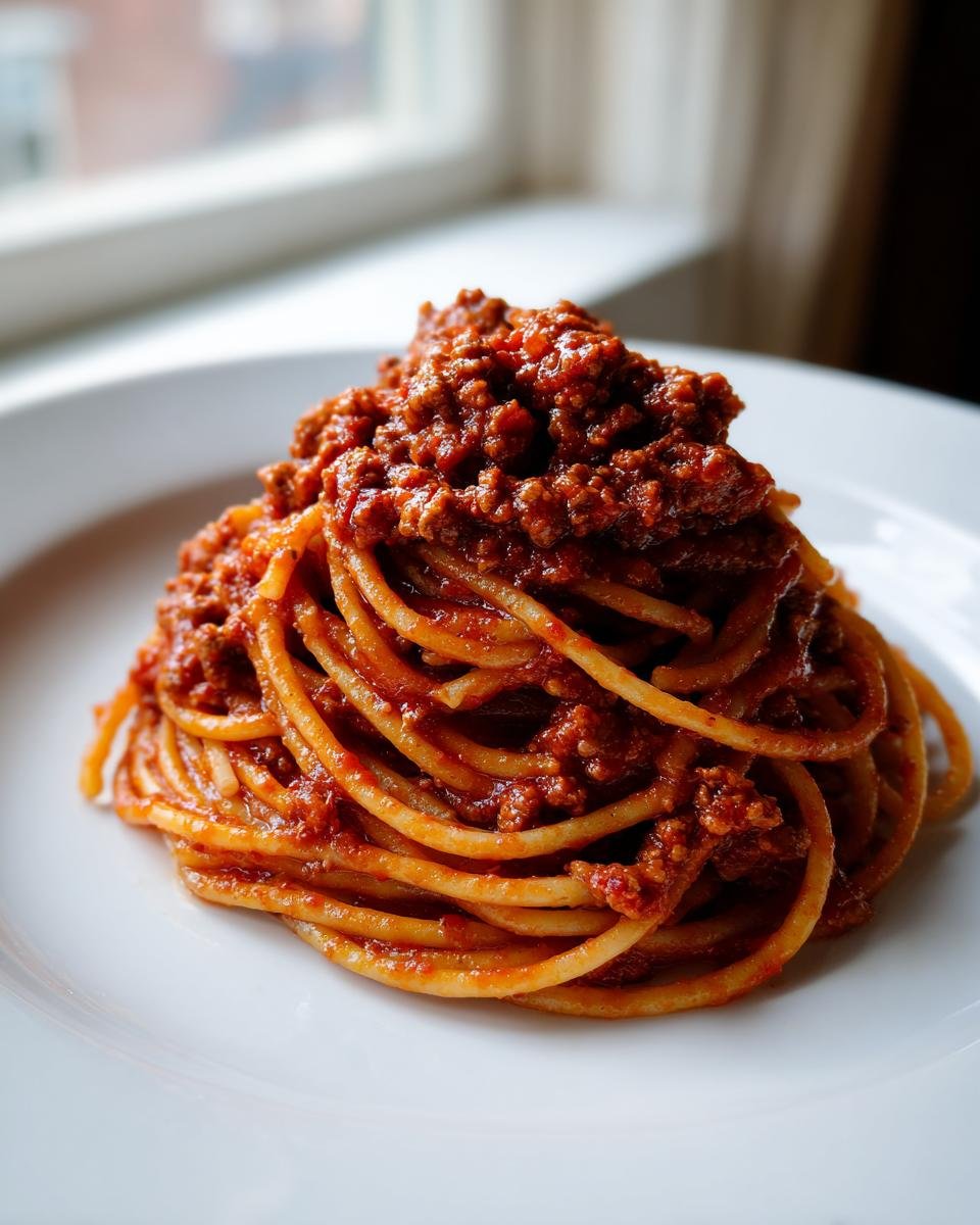 A perfectly twirled mound of spaghetti topped generously with rich Turkey Bolognese Spaghetti sauce on a white plate.