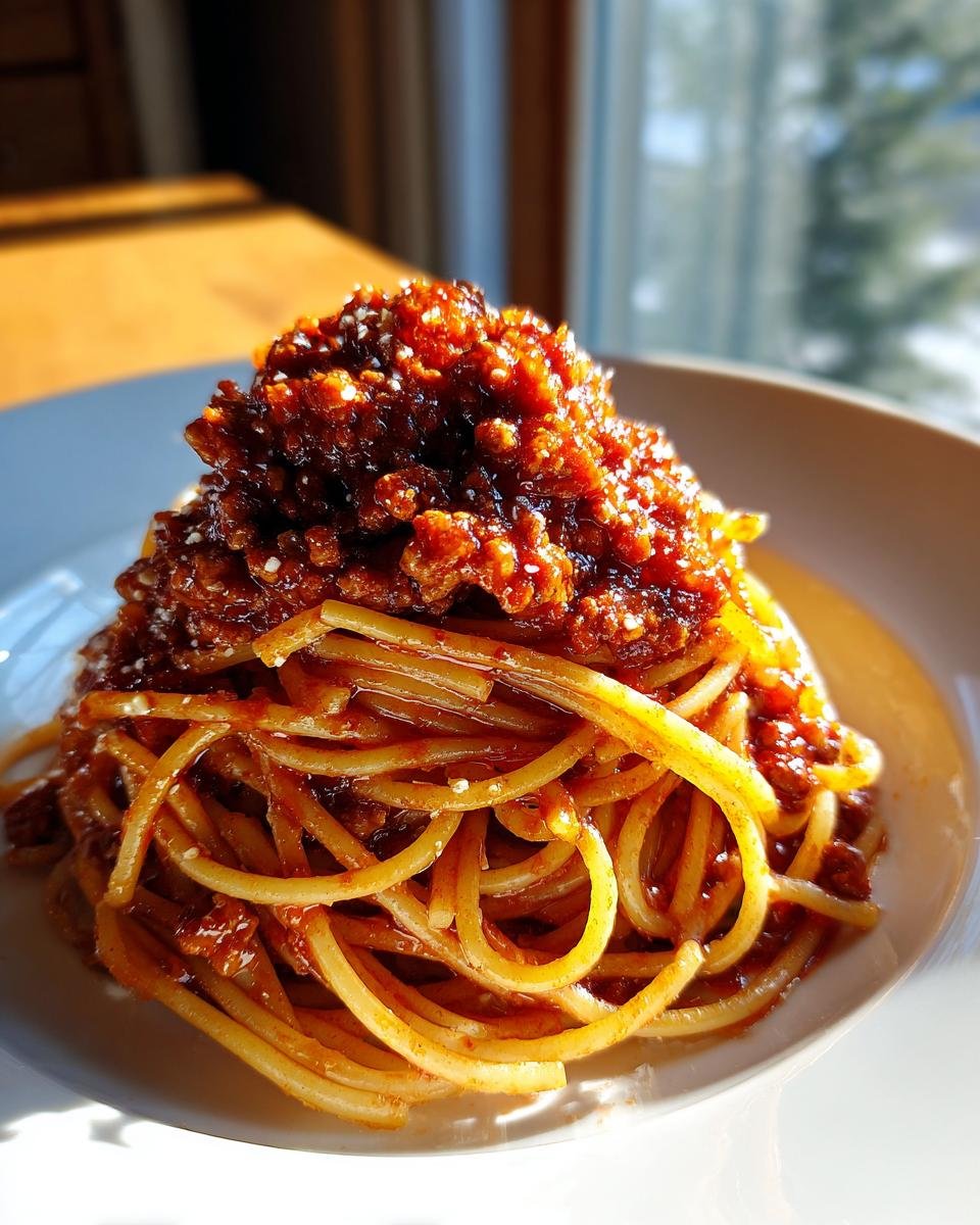 A close-up of a serving of spaghetti generously topped with rich Turkey Bolognese Spaghetti sauce.