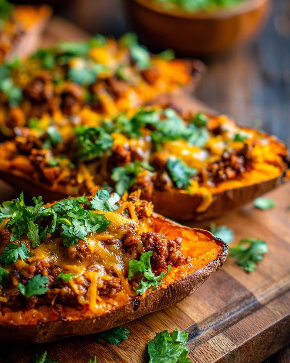 Close-up of baked Turkey Taco Stuffed Sweet Potatoes topped with melted cheese and fresh cilantro.