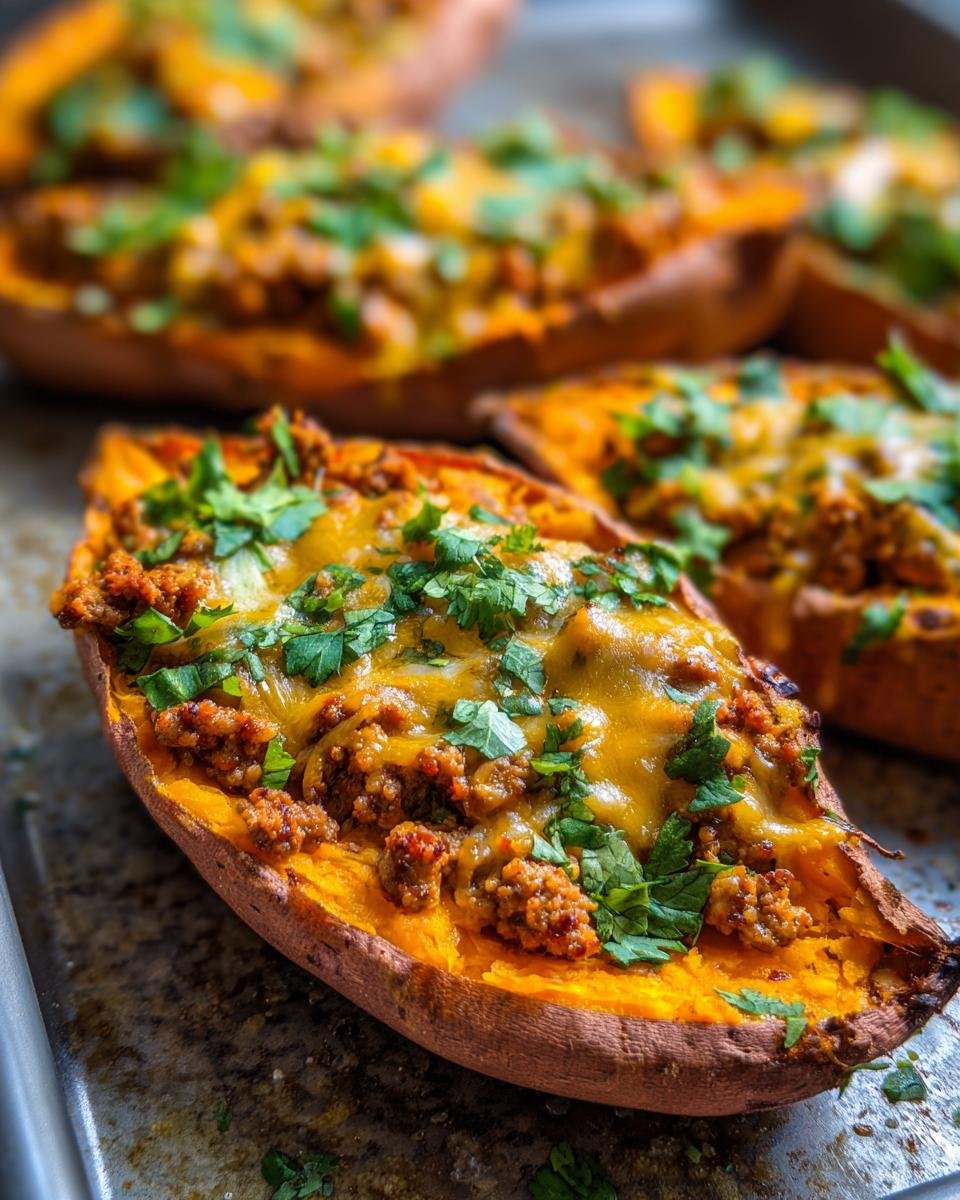 A close-up of a baked sweet potato half filled with seasoned ground turkey, melted cheddar cheese, and fresh cilantro, ready to eat.