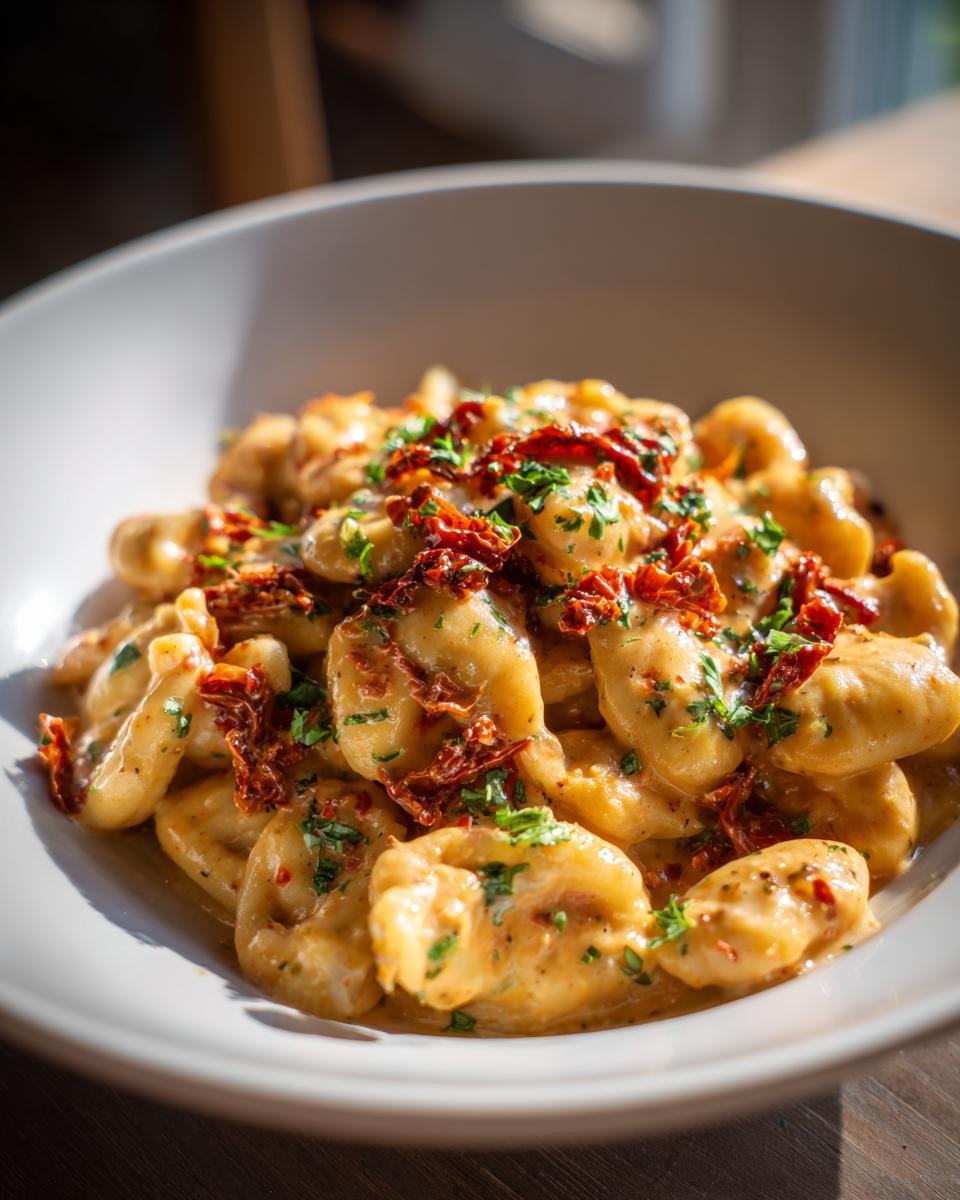 Close-up of creamy Tuscan Marry Me Butter Beans dish topped with sun-dried tomatoes and parsley.