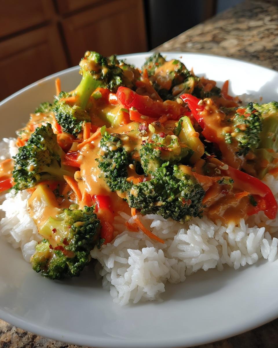 Close-up of a bowl featuring Vegetable Stir Fry With Peanut Sauce poured over white rice, showing broccoli and red peppers.