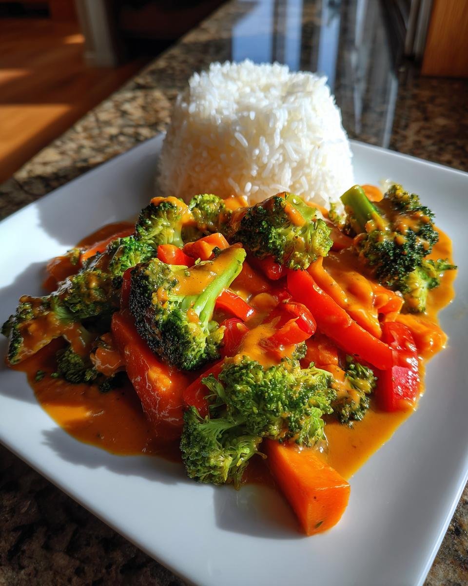 A plate of bright Vegetable Stir Fry With Peanut Sauce featuring broccoli and peppers, served next to a mound of white rice.