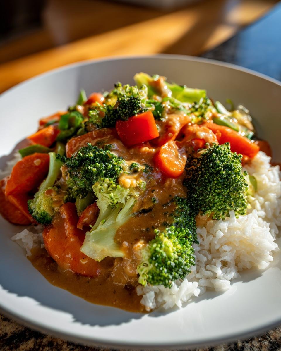 Close-up of Vegetable Stir Fry With Peanut Sauce served over fluffy white rice in a white bowl.