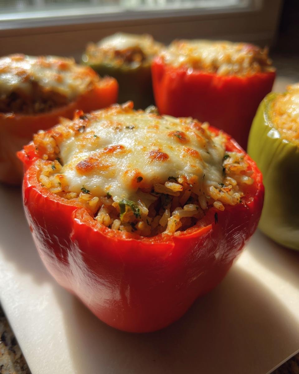A close-up of a bright red Vegetarian Stuffed Bell Peppers With Rice, topped with melted, golden cheese.