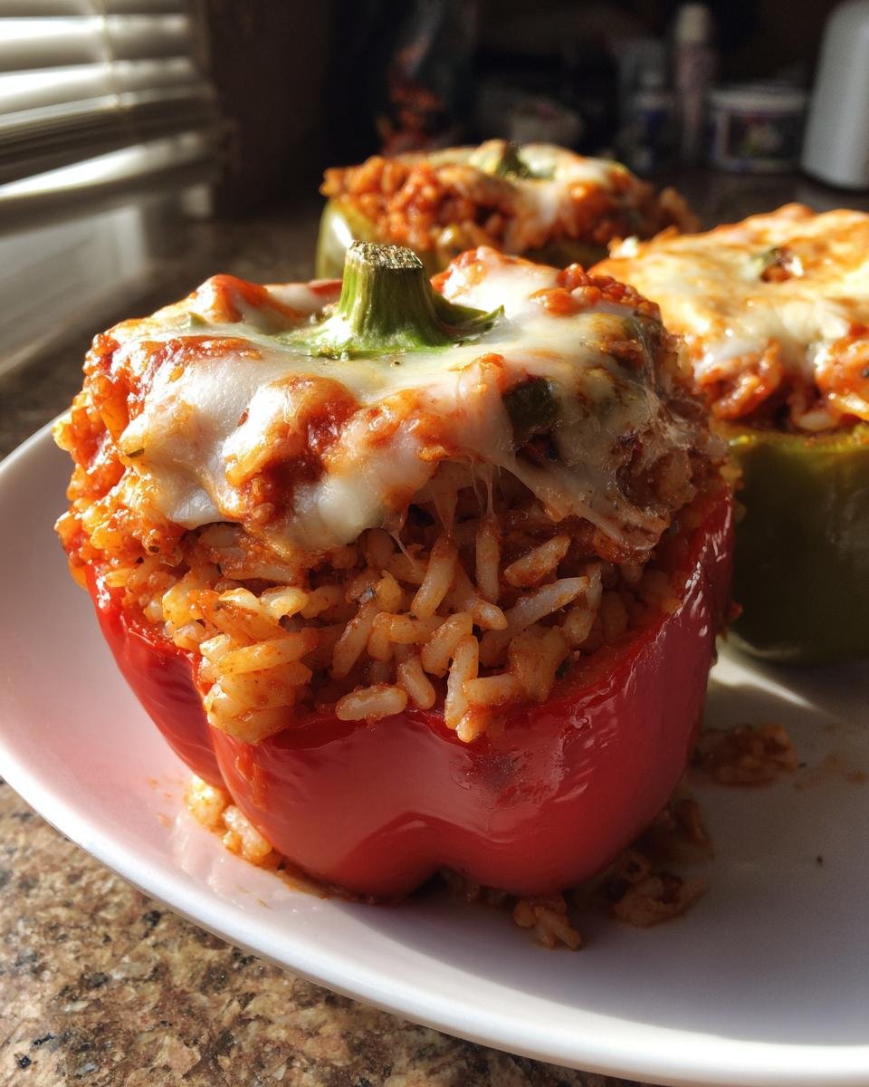 Close-up of a bright red Vegetarian Stuffed Bell Peppers With Rice, topped with melted, gooey cheese.