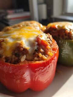 Two baked Vegetarian Stuffed Bell Peppers With Rice, one red and one green, topped with melted cheese.