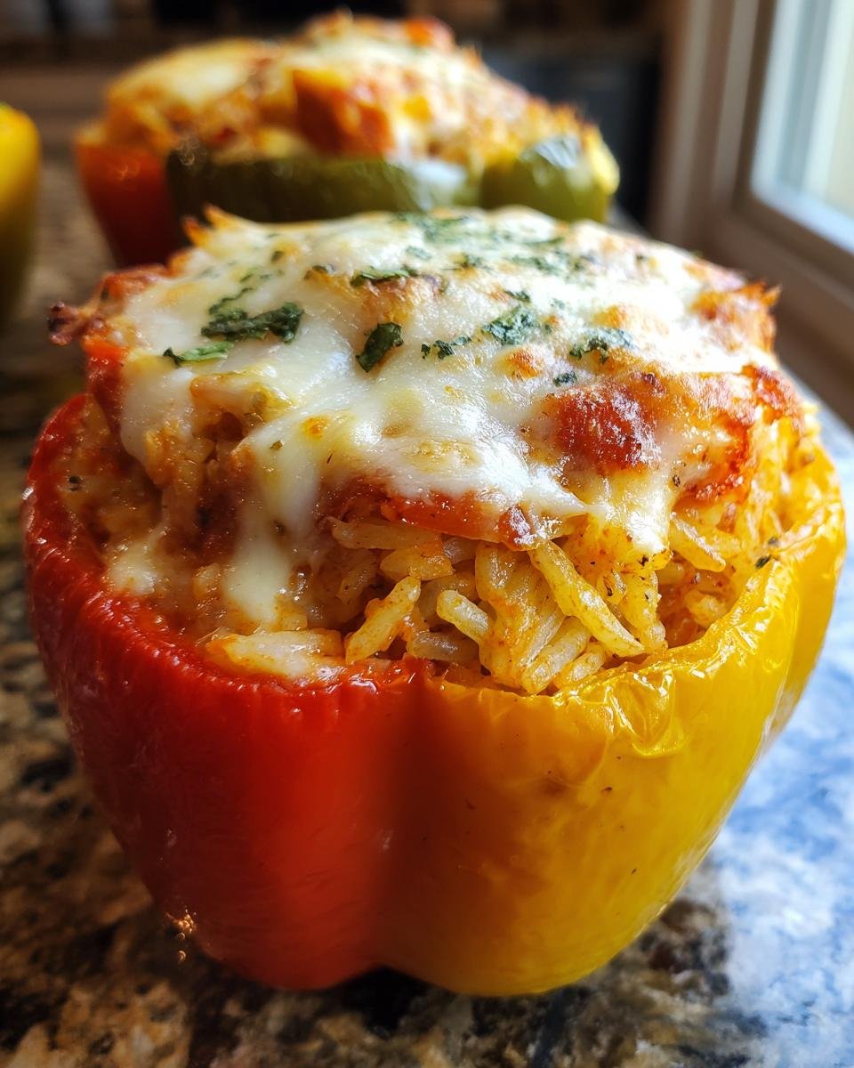 Close-up of a baked red and yellow Vegetarian Stuffed Bell Peppers With Rice, topped with melted cheese and herbs.