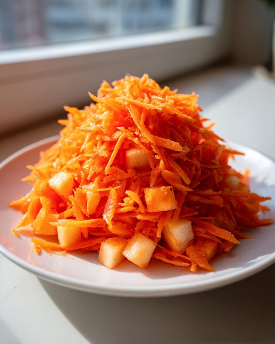 A mound of shredded carrots mixed with diced apples, forming a vibrant Carrot Apple Salad on a white plate.