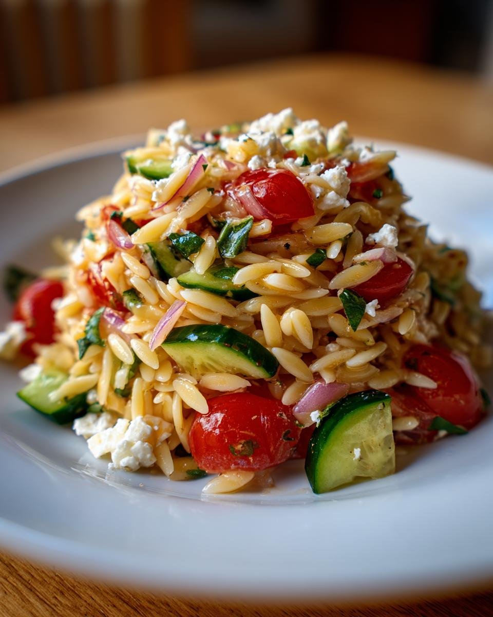 Close-up of a vibrant Orzo Pasta Salad featuring cherry tomatoes, cucumber, red onion, and crumbled feta cheese.