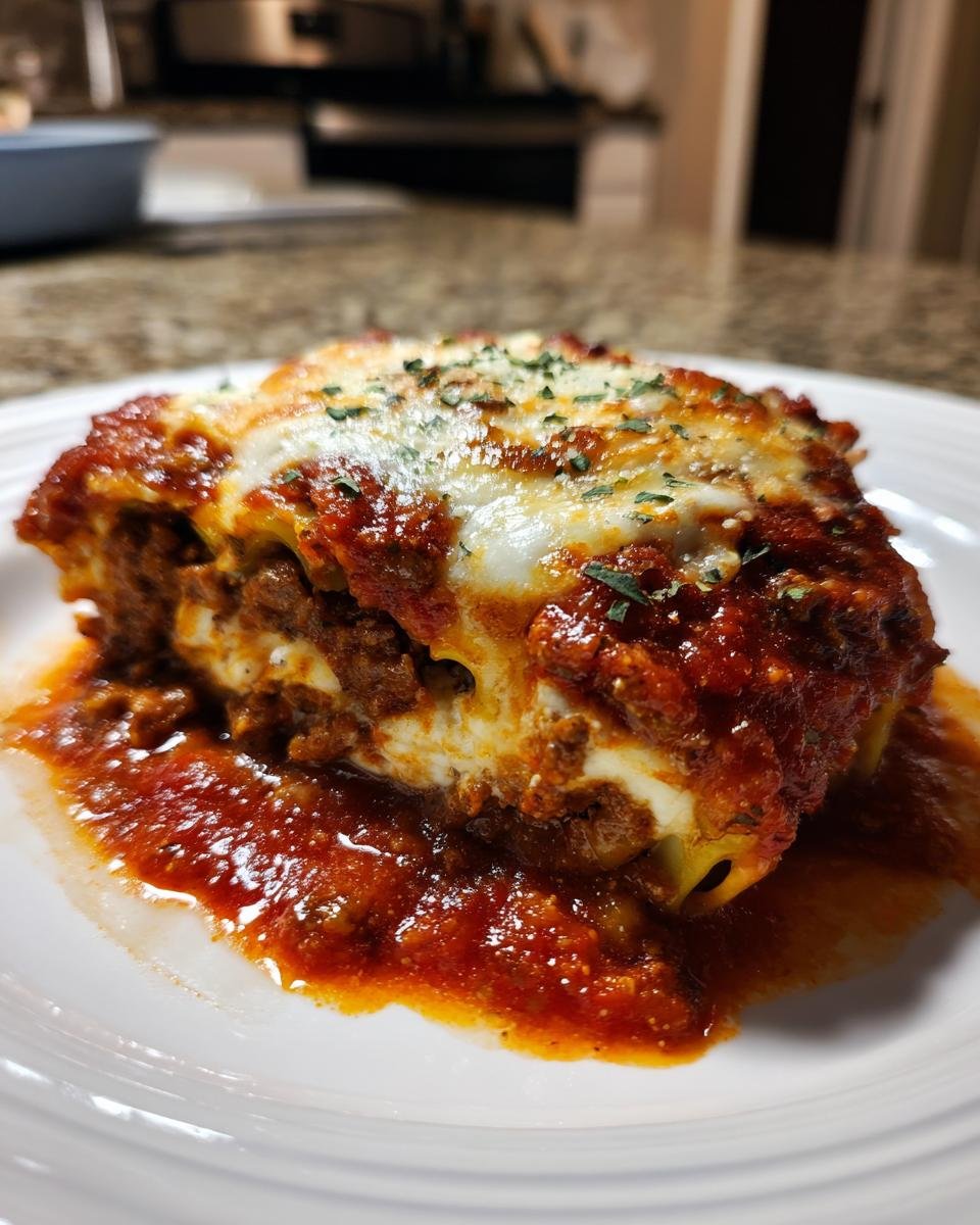 A close-up of one serving of Zucchini Lasagna Roll Ups, covered in rich meat sauce and melted cheese.