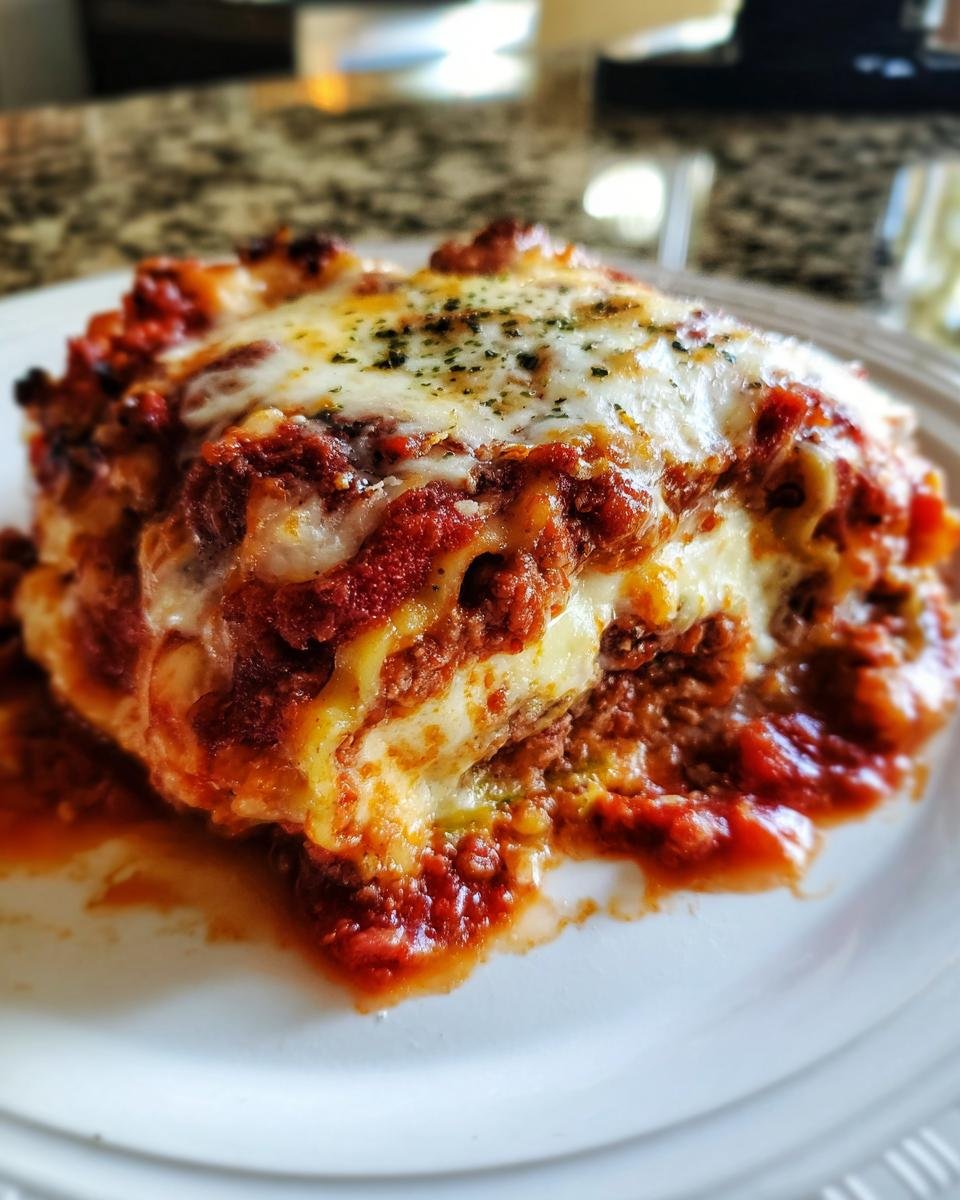 A close-up of a hearty serving of Zucchini Lasagna Roll Ups covered in rich tomato sauce and melted, bubbly cheese.