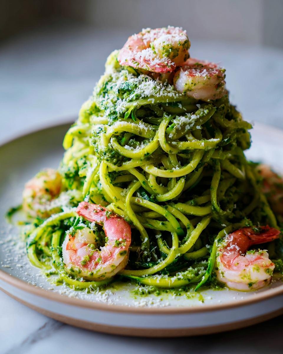 A tall mound of Zucchini Noodles With Pesto And Shrimp topped with grated Parmesan cheese.