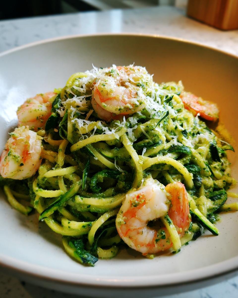 Close-up of Zucchini Noodles With Pesto And Shrimp topped with grated Parmesan cheese in a light-colored bowl.