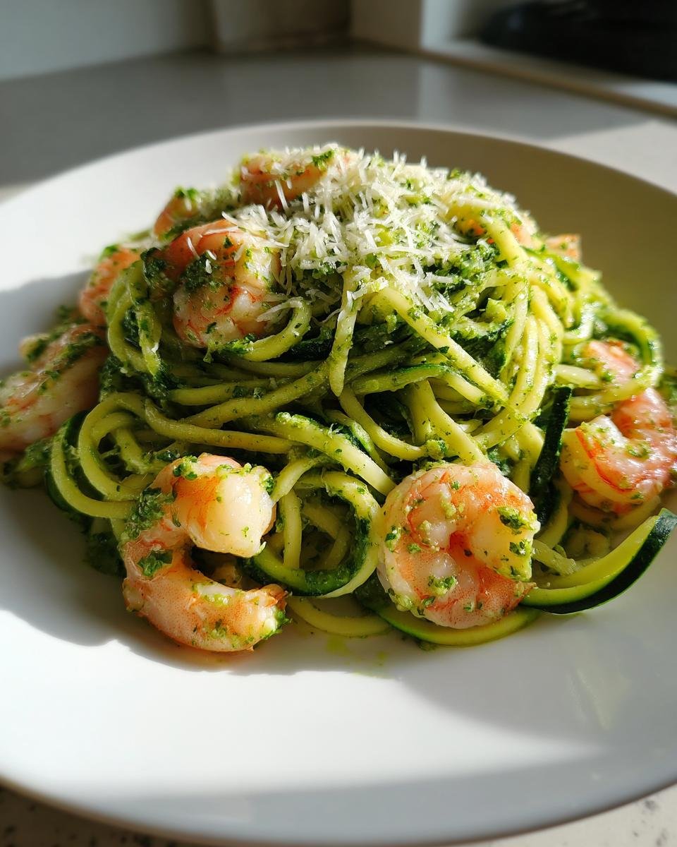 A plate of Zucchini Noodles With Pesto And Shrimp topped with grated Parmesan cheese.